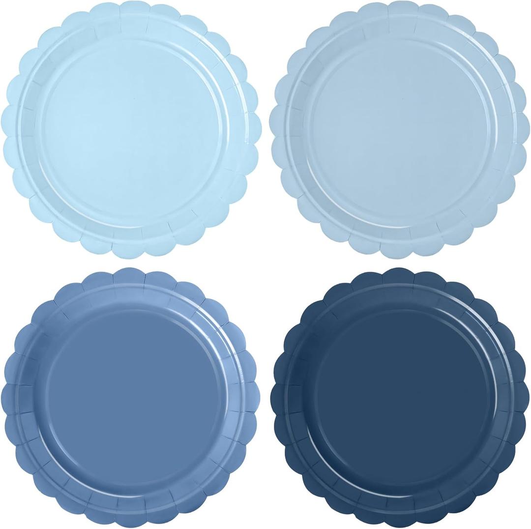 WNINK 48 Pcs Blue Paper Plates Gradient Blue Party Plates 7Disposable Scalloped Dessert Plates for Birthday Wedding Bridal Engagement Baby Shower Party Supplies Dessert Tableware