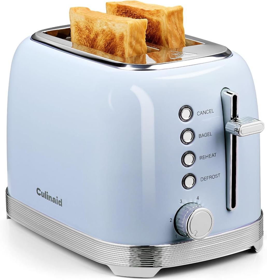 Toaster 2 Slice Retro Stainless Steel with 1.5 Extra Wide Slots Bagel, Defrost, Reheat, Cancel Functions, 6 Bread Shade Settings, Removable Crumb Tray, Blue