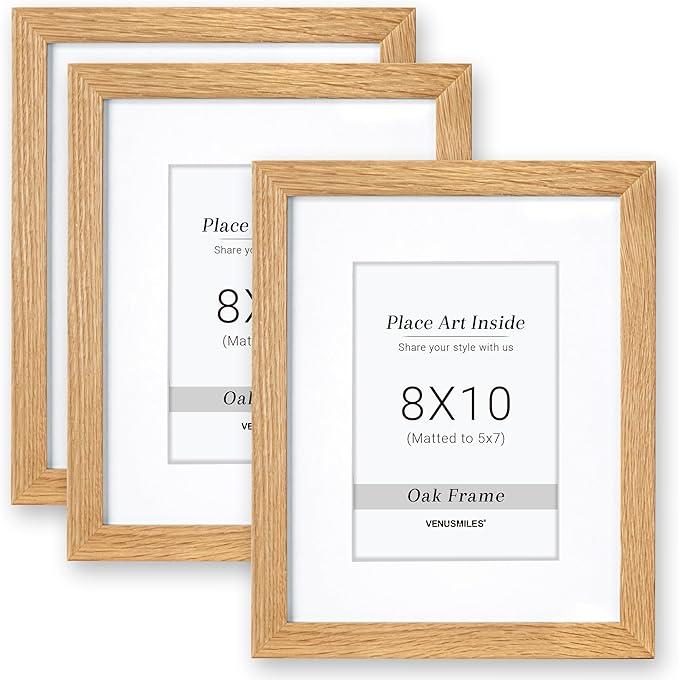 8x10 Picture Frame with 5x7 Mat, USA-Sourced Natural Oak Wood Photo Collage Frame with HD Tempered Glass, Double Mortise and Tenon Strips, Wall Display Horizontally and Vertically, 3 Pack