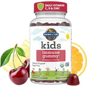 Garden of Life Kids Immune Support Gummies with Vitamin C, D as D3 & Zinc for 3-in-1 Daily Childrens Immunity Organic, Non-GMO, Gluten-Free, Vegetarian, Sugar Free, Cherry Flavor, 30 Day Supply