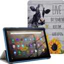 Case for Amazon Kindle Fire HD 8 Tablet 8"(12th/10th Generation, 2024/2022/2020 Release) & HD 8 Plus, PU Leather Multi-Angle Stand Cover Auto Wake/Sleep, Cow with Sunflower