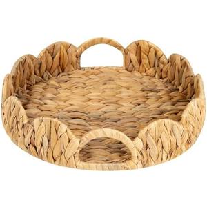 StorageWorks Round Wicker Scalloped Tray, Rattan Serving Trays with Handles, Water Hyacinth Basket for Decorative & Organizing, 13" L x 13" W x 2.75" H