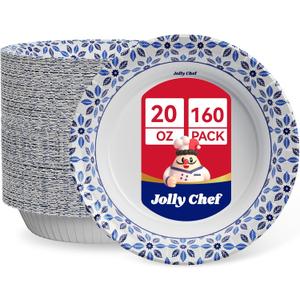 JOLLY CHEF 160 Count Paper Bowls 20 oz Soak Proof, Heavy Duty Printed Disposable Bowls Bulk for Dinner or Lunch (Blue)