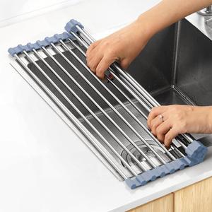 MECHEER Over The Sink Dish Drying Rack, Roll Up Dish Drying Rack Kitchen Dishes Rack Stainless Steel Sink Drying Racks, Foldable Dishes Drainer, Gray (17.5''x15.7'')