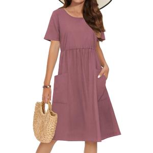 Zeagoo Womens Summer Midi Dress Casual Short Sleeve A-Line Cotton Linen Dress Flowly Beach Tunic Sundresses with Pockets 2025