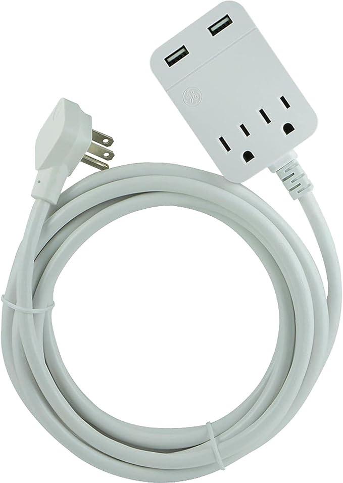 GE Outlet Extension Cord, 12Ft Extension Cord, Surge Protector With USB Ports, 3-Prong Flat Plug Power Strip, 360J Surge Protector, 240V Charging Station, White, 32089