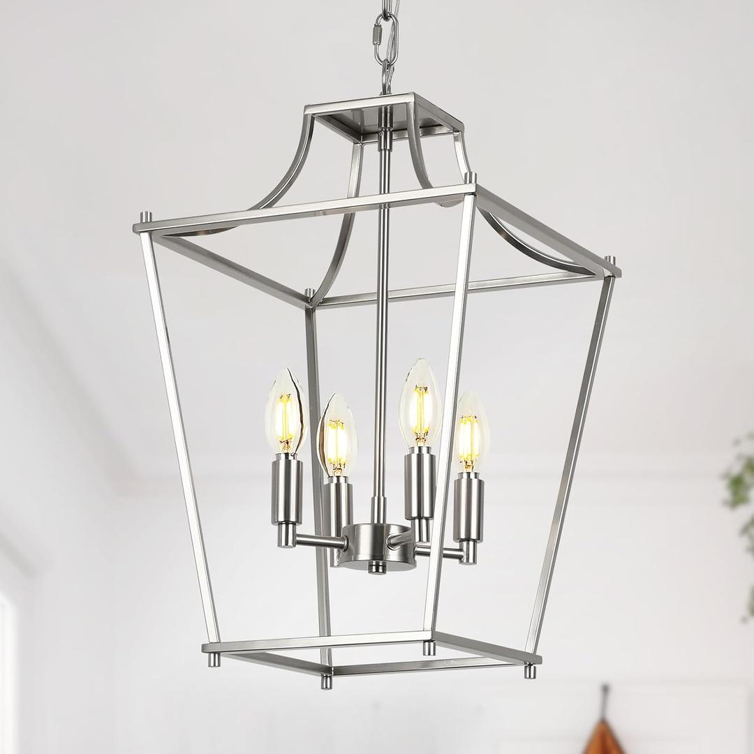 Lantern Pendant Lights, 12" Brushed Nickel Pendant Light Fixtures, 4-Light Adjustable Pendant Lighting for Kitchen Island Dining Room Living Room Foyer Stairway