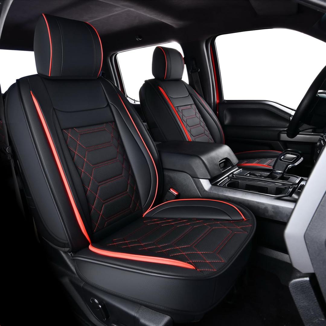 RISINGSTAR Silverado Sierra Faux Leather Seat Covers, Fit for 2019-2025 Chevy Silverado GMC Sierra 1500 and 2020-2025 2500HD 3500HD Crew Cab(Full Set, Black&Red)
