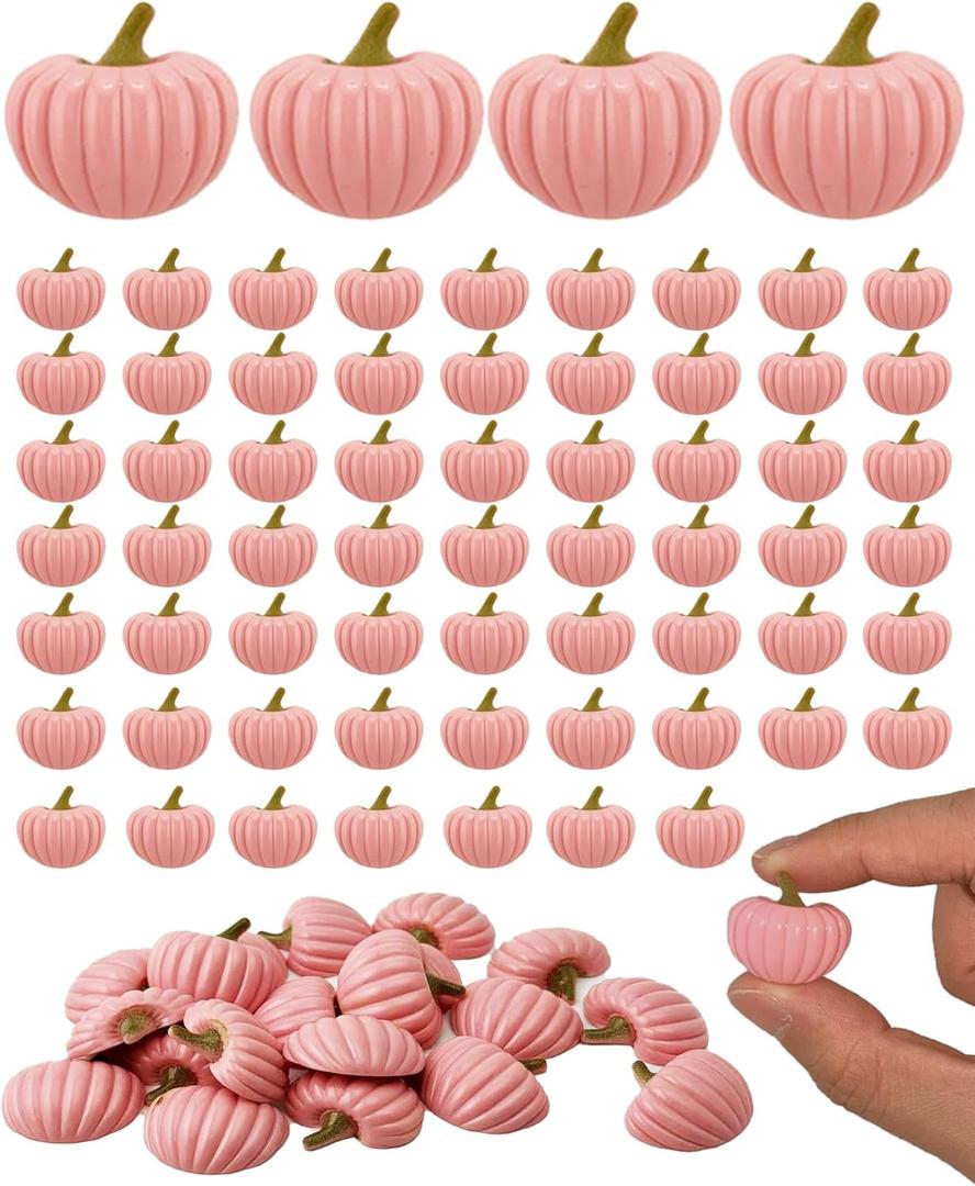 60PCS Mini Autumn Pumpkin Resin Charms, Flatback Mini Charms for Fall Crafts, Thanksgiving Halloween Decor, Breast Cancer Awareness Accessories for Resin DIY Embellishments (Pink)