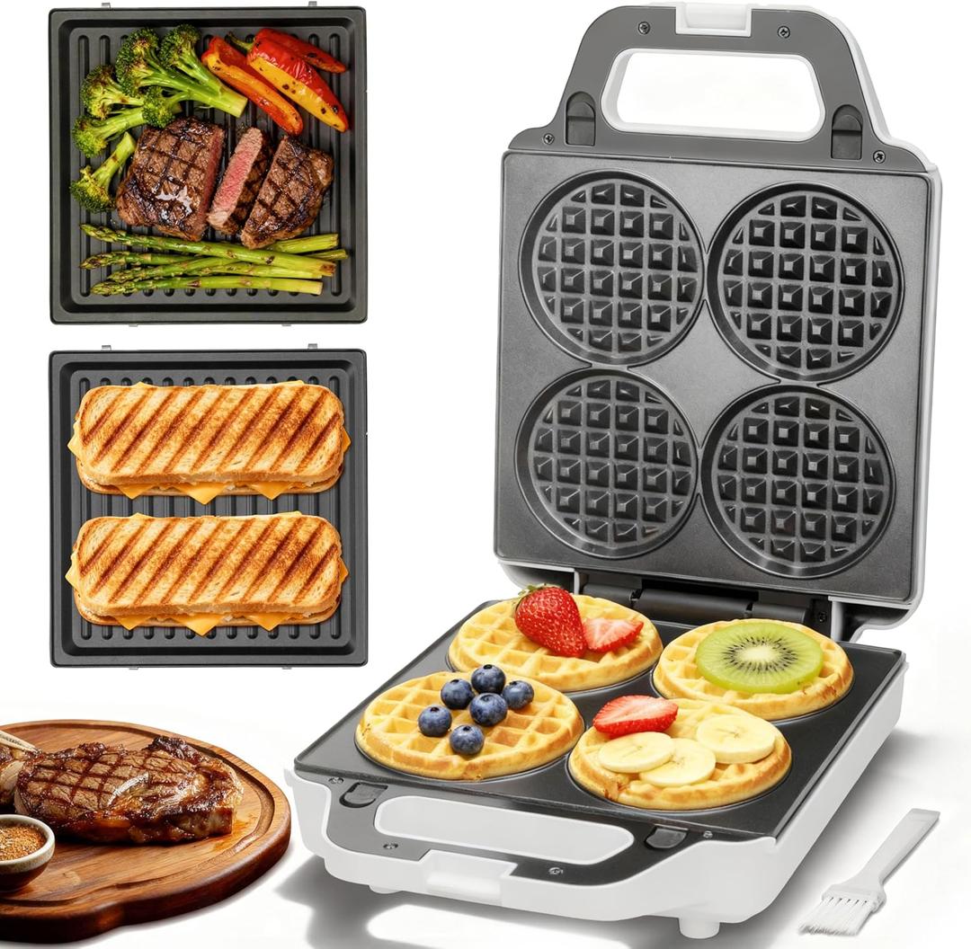 2 in 1 Mini Waffle Maker with Removable Plates, Panini Press Sandwich Maker, Sandwich Press, Waflera Electrica, Sandwichera Electrica, 4 X 4 Inch Classic Waffle Maker for Kids, White