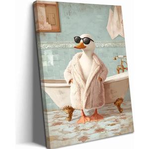 Funny Duck Bathroom Canvas Wall Art Cute Animal Goose in Robe with Sunglasses Bathtub Painting Picture Wall Decor Quirky Whimsical Geese Print Artwork for Kids Restroom Toilet Home Decoration, Framed