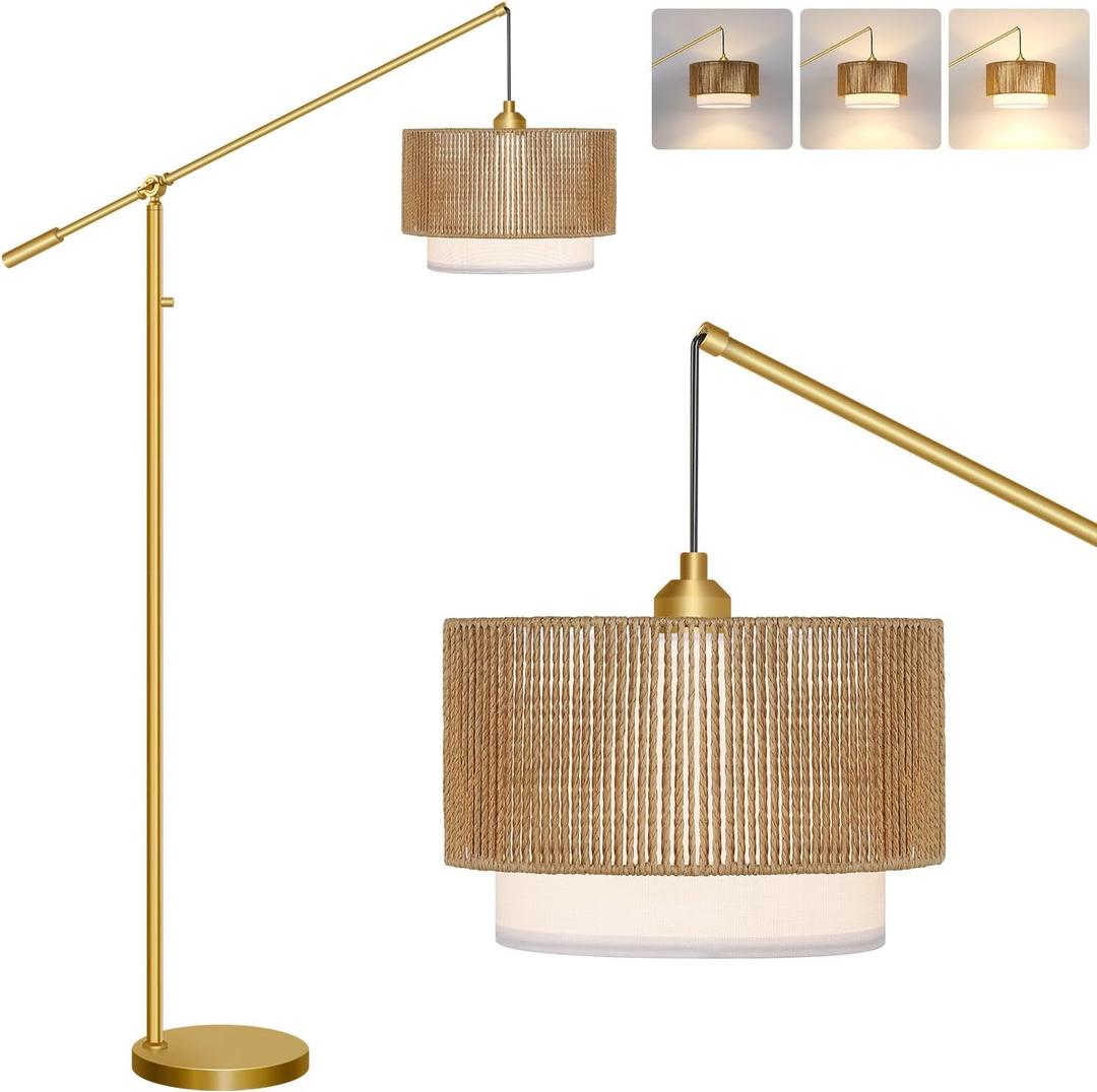 UpgradedArc Floor Lamp for Living Room, Boho Dimmable Swing Arm Floor Lamp with Rattan & Fabric Shades, Gold Rattan Standing Lamp with 11W Bulb, Farmhouse Adjustable Tall Lamp for Bedroom Office