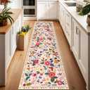 Floral 2x8 Area Rug Machine Washable Soft Print Boho Carpet Non Slip Doormat Low Pile Flower Area Rugs for Living Room Bedroom Nursery Kitchen Dining Room Indoor-Pink