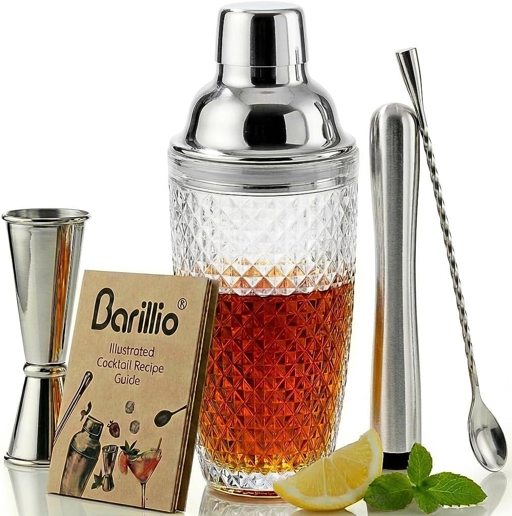Barillio Glass Cocktail Shaker Set | 14 oz Cobbler Mixer with Bar Tools | Bartender Kit with Measuring Jigger, Mixing Spoon and Muddler | Gift Set