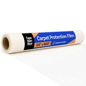TapeManBlue Carpet Protection Film, 24 inch x 500 feet, Made in The USA, Strong and Durable Plastic Carpet Protector with Easy Unwind and Clean Removal, Clear Self-Adhesive Surface Protective Film