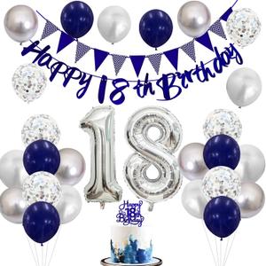 18th Birthday Decorations for Boys Girls, Black Happy 18th Birthday Banner with Black Silver White 18th Balloons Cake Topper Number 18 Foil Balloonfor 18 Year Old Party Decoration