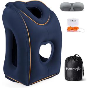 Sunany Travel Pillow, Upgraded Plane Pillow for Long Flights, Inflatable Neck Pillow Used for Airplanes,Cars,Buses,Trains,Office Napping with Eye Mask,Earplugs (Blue) (Medium, Blue (Head Heart-shape&sloping Base))