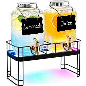 Drink Dispensers for Parties, 2 Pack 1 Gallon Glass Jars with LED Stand