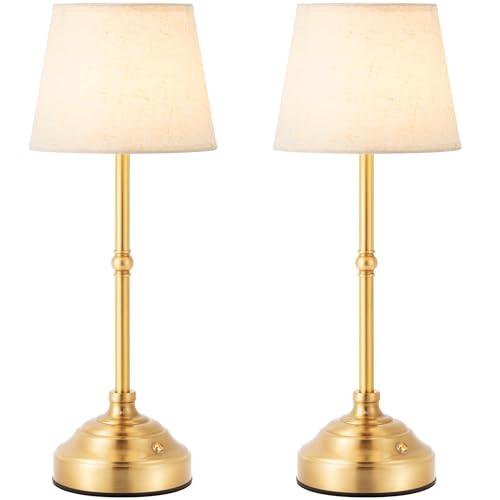 keysays 2 Pack Cordless Table Lamp, Rechargeable Desk Lamp with Fabric Shade, Battery Operated Lamp 3 Color Stepless Dimming, Small Touch Bedside Lamp Home Decor for Dining, Counter (Brushed Gold)