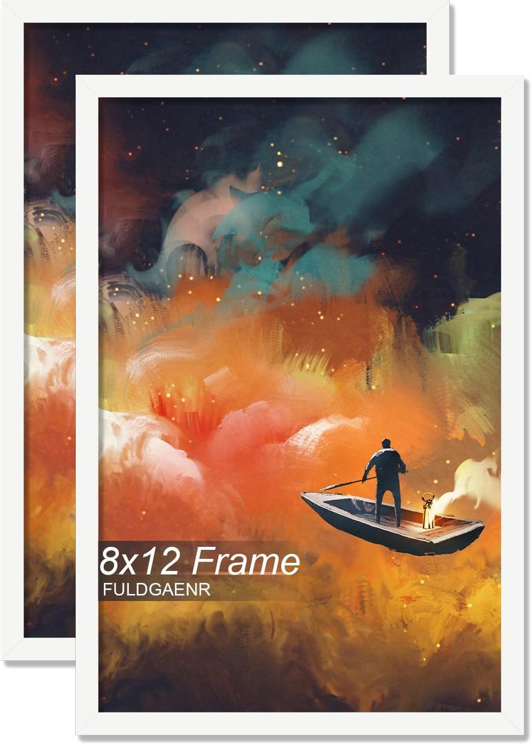 FULDGAENR 8x12 Picture Frame Set of 2, White Frames for 8 x 12 Inch Photo Poster Certificate, High Transparency Wall/Tabletop Frame with Horizontal Vertical Display (2 Pack | White | 8"x12")