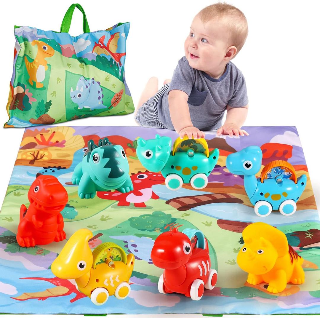 ALASOU 7 PCS Dinosaur Car Toys for 1 Year Old Boy with Playmat/Storage Bag|Baby Toys 1 Year Old Boy Gifts for Toddler Toys 1-2|1st Birthday Gift for Infant 12 18 Months
