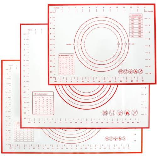 Silicone Baking Mat With Measurement Function Set of 3 Use Food Grade Silicone Ldeal for Dough Rolling Pie Crust Bread Making and Making Cookies (23.6×15.7,19.6×15.7, 15.7×11.8inch, Red)