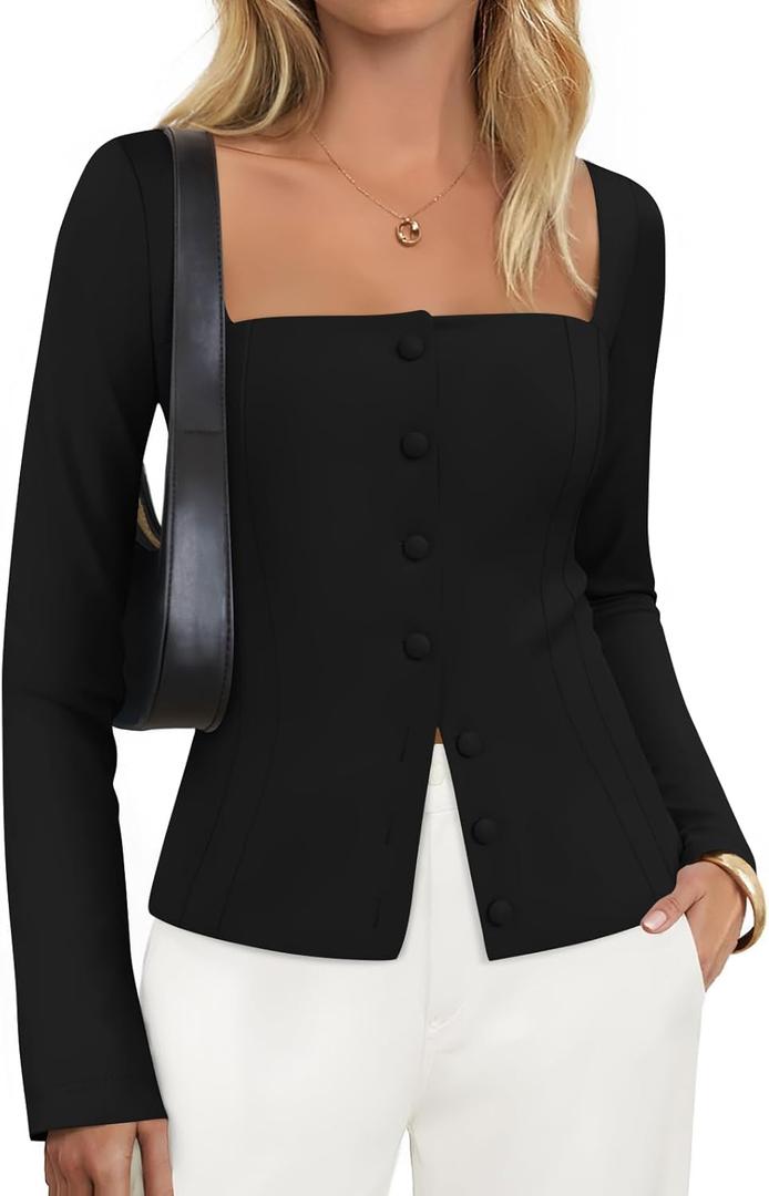 ZESICA Women's Spring Square Neck Blazers 2026 Casual Long Sleeve Button Up Work Business Fitted Blazer Jackets (Large, Black)