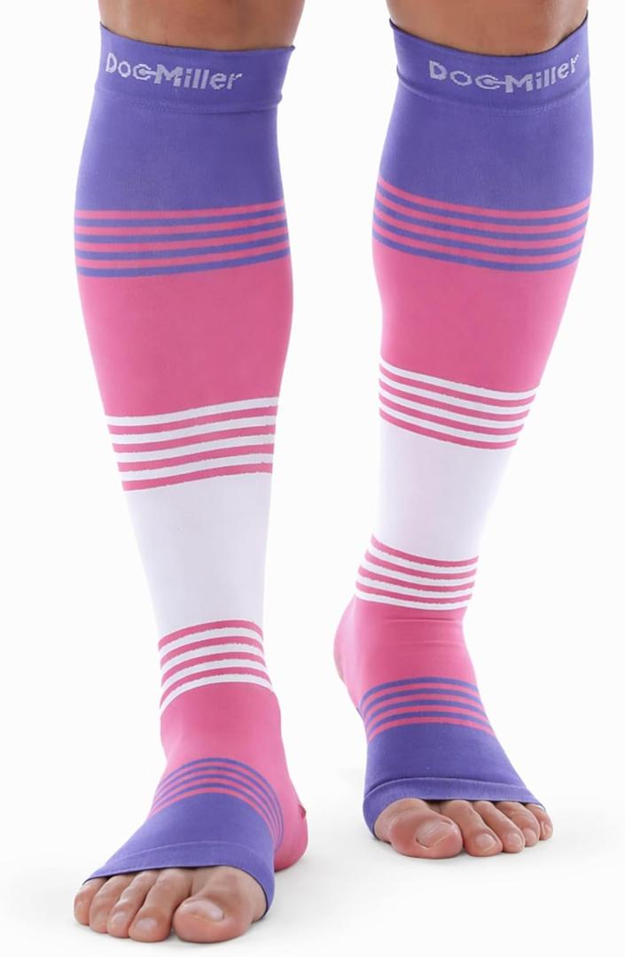 Doc Miller Open Toe Compression Socks for Women & Men  2030 mmHg Knee High Compression Socks for Swelling, Varicose Veins, Travel & Nurses  Toeless Wide Calf Support, Leg Pain & Circulation-1 Pair (X-Large)