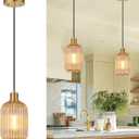 2 Pack Amber Cylinder Pendant Lights Kitchen Island with Ribbed Lampshade, Brushed Gold Hanging Light Fixture, Adjustable Pendant Lighting for Kitchen Island Sink Dining Room (Bulbs Not Included)