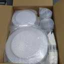 Goodluck 350 Piece Silver Plastic Dinnerware Set for 50 Guests, Fancy Disposable Plates for Party, Include: 50 Dinner Plates, 50 Dessert Plates, 50 Pre Rolled Napkins with Silver Silverware, 50 Cups