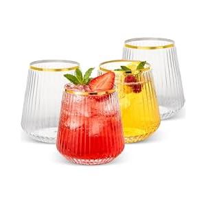 Goodluck 36 Pack 12oz Stemless Plastic Wine Glasses – Clear Ribbed Cups with Gold Rim, Fancy Reusable Disposable Drinkware for Weddings, Parties, Bars, Indoor and Outdoor Events
