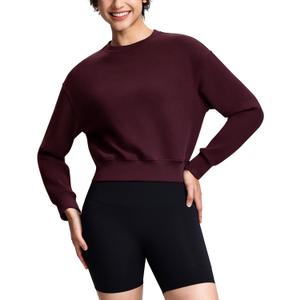 Modal Soft Cropped Sweatshirts for Women Long Sleeve Crew Neck Pullover Crop Top (Large, Maroon)