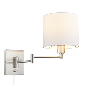Globe Electric Anderson 1-Light Brushed Steel Plug-In Swing-Arm Wall Sconce with White Fabric Shade and 6-Foot Cord