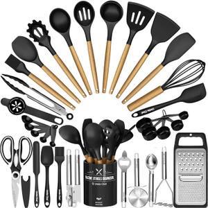 Kitchen Utensils Set- 34PCS Silicone Cooking Utensil with Holder, Umite Chef Heat Resistant Kitchen Spatula Set for Nonstick Cookware, Black Wooden Handles Kitchen Gadgets Tools Set