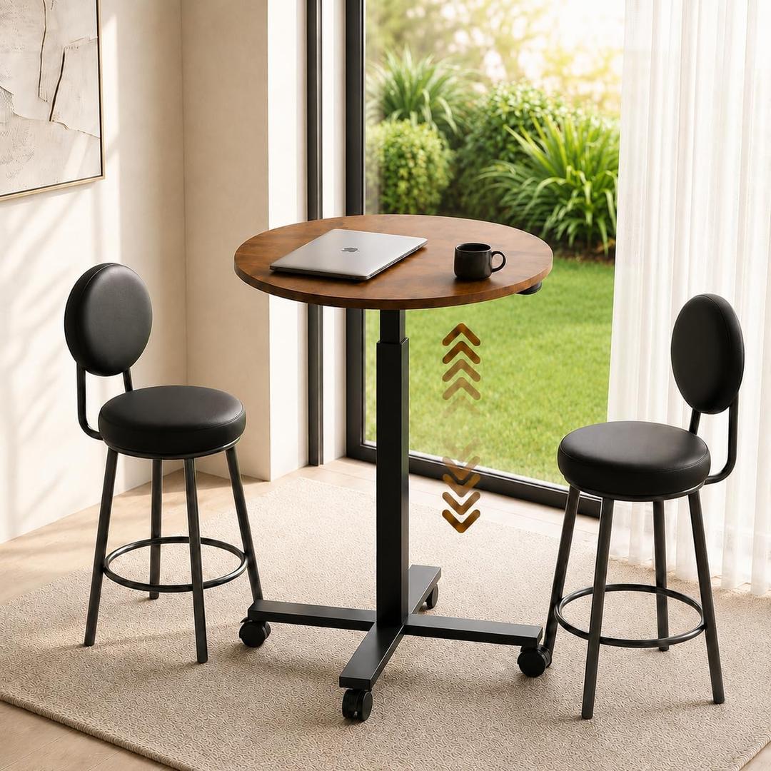 Bar Table, Height-Adjustable Round Pub Table, Antique Wood Color, 23.6 x 23.6 x 28.3-42.5 inches
