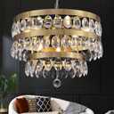 Gold Crystal Chandelier 20'' Modern Raindrop Chandeliers for Dining Room 3 Tiers Round Ceiling Pendant Lights Fixtures Luxury Flush Mount Chandelier for Foyer Living Room Entryway Bedroom