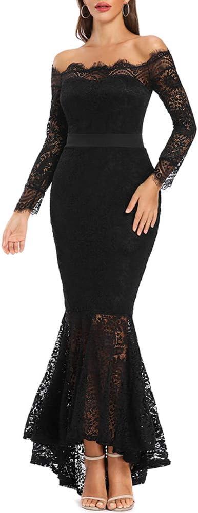 LALAGEN Women's Floral Lace Long Sleeve Off Shoulder Wedding Mermaid Dress (Black) S