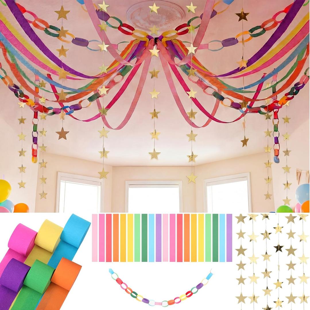 Frienda 300 Sheets Colorful Paper Chains Strips and 492 ft Crepe Paper Streamers, 52.8ft Gold Star Garlands Backdrop for Wedding Birthday Party Decorations DIY Crafts(Rainbow,Colorful)