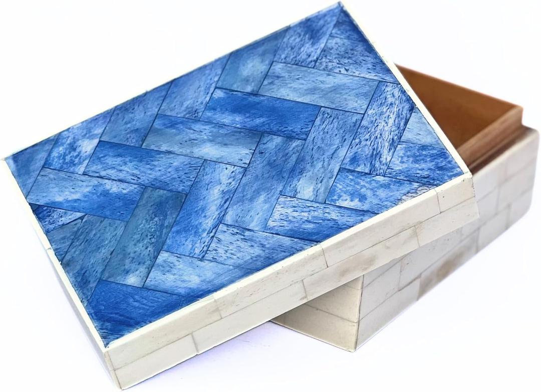 collectiblesBuy Handmade Chevron Mosaic Pattern Jewelry & Keepsake Box - Blue & White Bone Inlay Decorative Storage for Home & Office | Premium Decorative Item