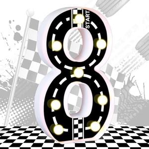 Pack of 2, Racing Car Light Up Numbers Checkered Decorations Happy Birthday Sign Racetrack Inspired Decor Cars Theme Party Supplies (Number 8)