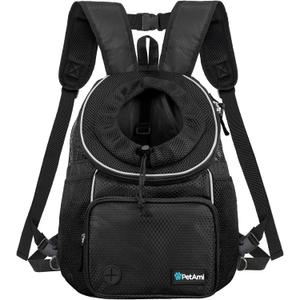 PetAmi Adjustable Dog & Cat Chest Carrier Backpack, Ventilated for Hiking, Camping & Travel, Max 10 lbs, Black (Medium (15x8x15.5))