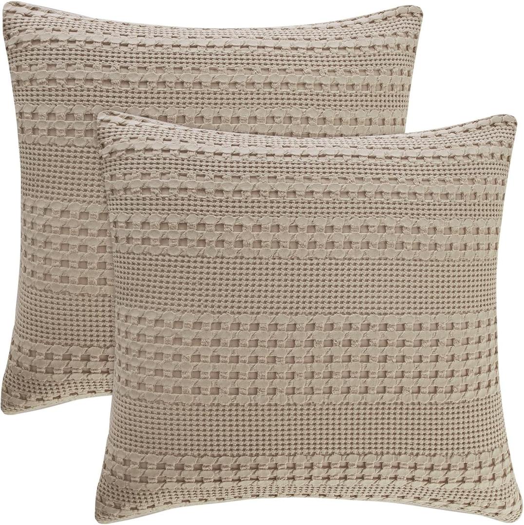 PHF 100% Cotton Waffle Weave Euro Sham Covers, 2 Pack 26" x 26" Bed Pillow Covers for Elegant Home Decor, No Filling, Luxury Aesthetic Soft Euro Pillow Cases for Bed, Simply Taupe