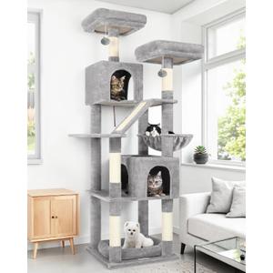 Globlazer 74in Heavy Duty Cat Tree for Large Indoor Cats, Multi-Level Cat Tower with Scratching Post, Cat Condos with Climbing Ladder, Hammock, Extra Large Top Perches, Pet Bed, F74D, Light Grey
