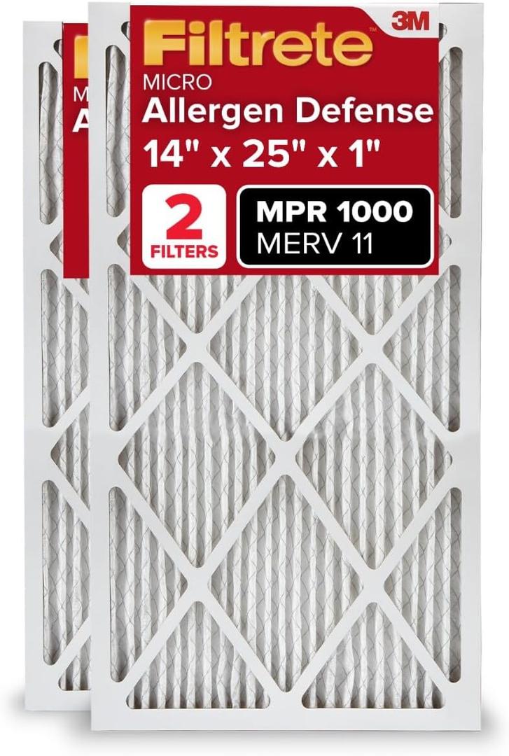 Filtrete 14x25x1 AC Furnace Air Filter, MERV 11, MPR 1000, Micro Allergen Defense, 3-Month Pleated 1-Inch Electrostatic Air Cleaning Filter, 2 Pack (Actual Size 13.781 x 24.781 x 0.84 in)