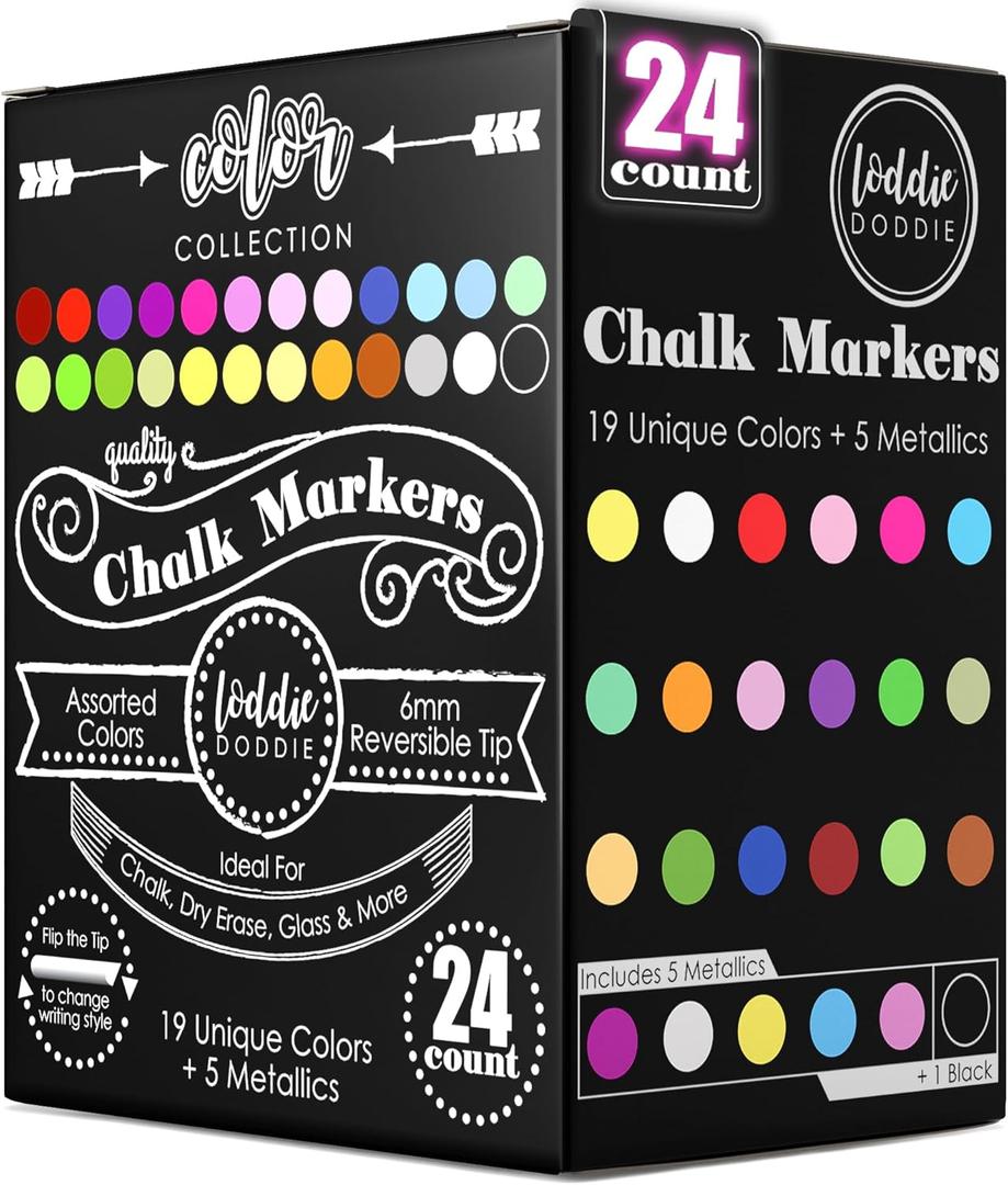 Loddie Doddie Liquid Chalk Markers (24-Pack) - Dust-Free Erasable Pens for Windows, Glass, Chalkboard & Blackboard - 6mm Reversible Bullet & Chisel Tip (1 Count (Pack of 24))