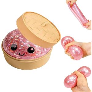 Dumpling Squishies, Glitter Dumpling, Glitter Dumplings Squishy with Box, Dumplings Sensory Squeeze Toy for Stress Relief Stretchy Desk Toys (Pink-1)