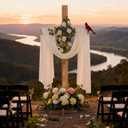 83 Inch Lawn Decorations Wood Cross and White Ribbons Eucalyptus Garlands Large Standing Cross Decoration Christian Religious Marriage Gifts for Ceremony and Reception Indoor Outdoor Decor
