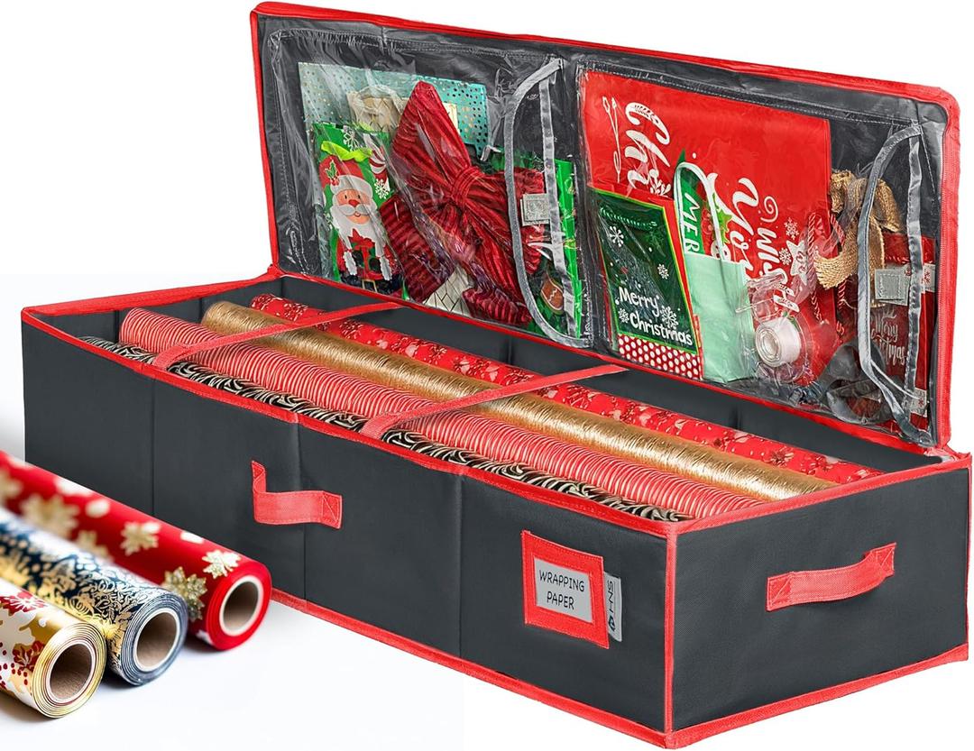 HOLDN STORAGE Premium Wrapping Paper Storage Container - Durable 600D Tear-Proof, Fits 27 Rolls Gift Wrap, Extra Pockets for Ribbons & Bows, Underbed Storage - Ideal for Holiday Christmas, Black (Black/Red Trim)