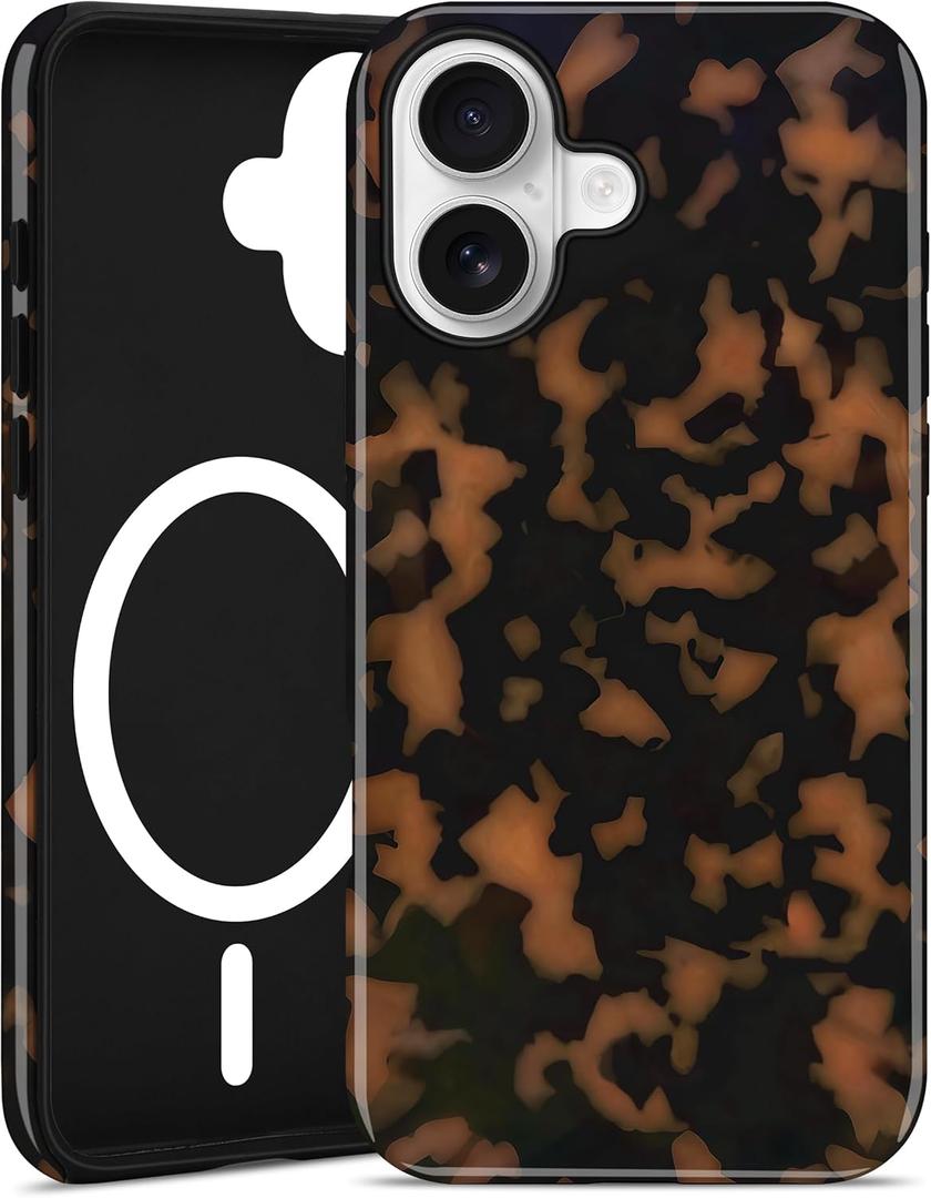 Jusy Compatible with MagSafe Brown Tortoise Shell Print Phone Case for iPhone 16, Amber Trendy Luxury Magnetic Soft TPU and Hard PC Protective Phone Cover for Women Girls - Yellow