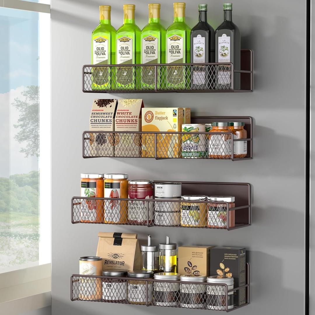 Magnetic Spice Rack for Refrigerator, 4 Pack 100% Metal Strong Magnet Fridge Shelves, Space Saving Spice Organizer, No Drilling Moveable Home Kitchen Laundry Room Storage Organization, Brown